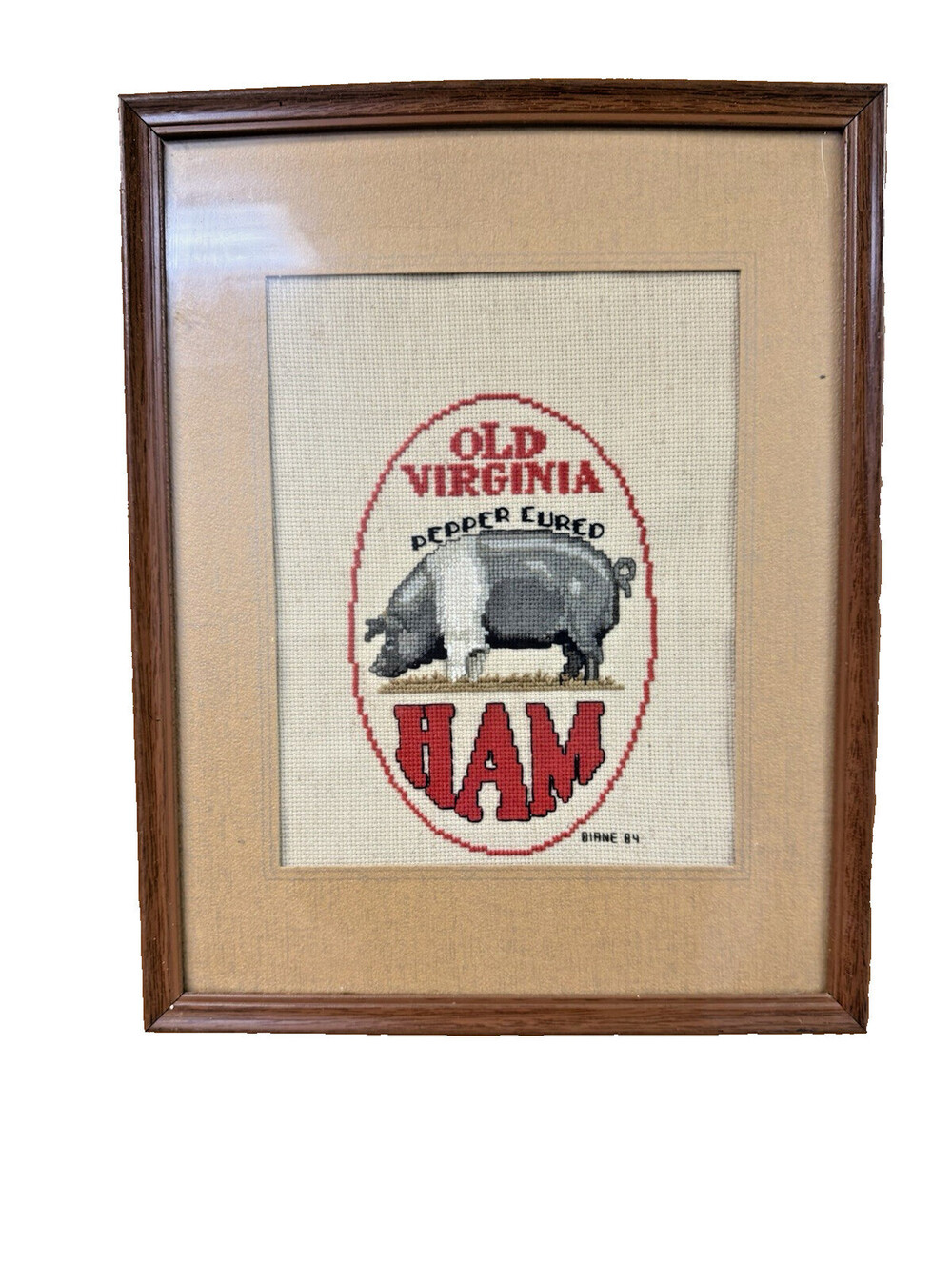 Vintage 1985 Old Virginia Ham Pig Cross Stitch Framed Wall Art Farmhouse Decor
